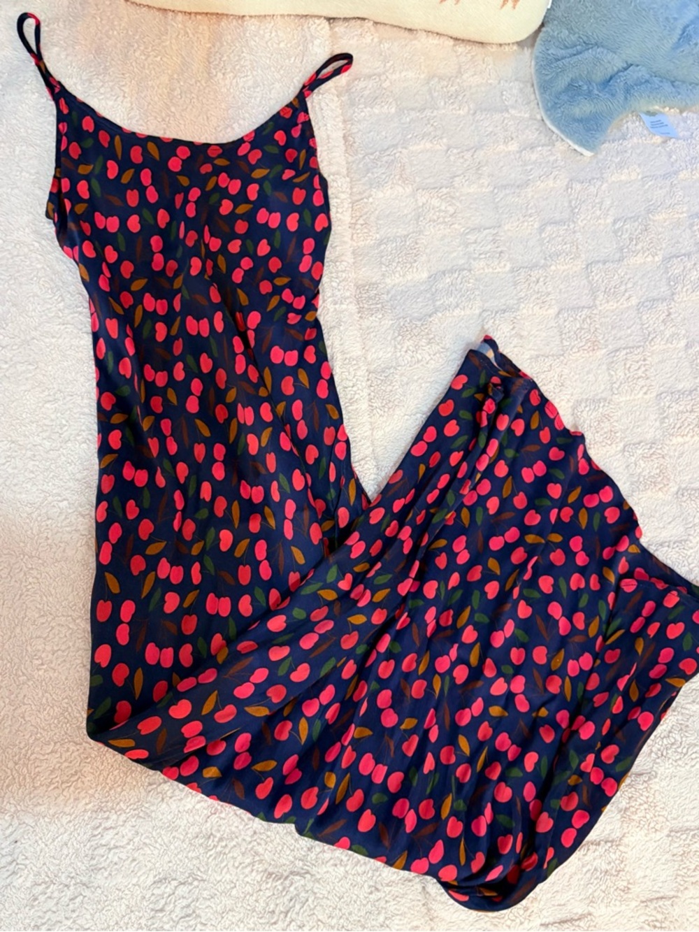 Anthropologie Navy Maxi Slip Dress with Pink and Olive Dot Print
